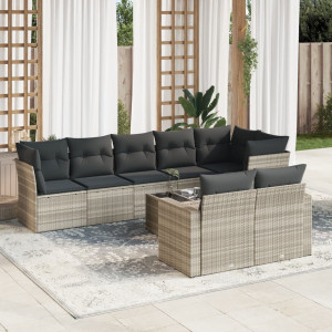 Set muebles jardín 9 pzas y cojines ratán sintético gris claro D