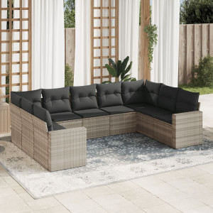 Set muebles jardín 9 pzas y cojines ratán sintético gris claro D