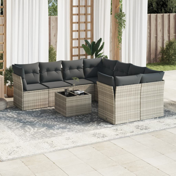 Set muebles jardín 9 pzas y cojines ratán sintético gris claro D