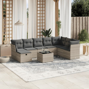 Set muebles jardín 9 pzas y cojines ratán sintético gris claro D