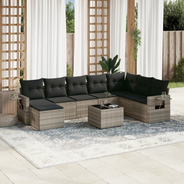 Set muebles jardín 9 pzas y cojines ratán sintético gris claro D