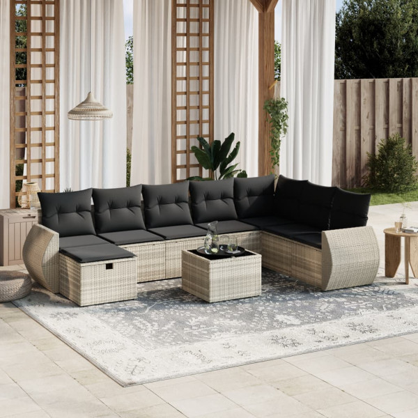 Set muebles jardín 9 pzas y cojines ratán sintético gris claro D