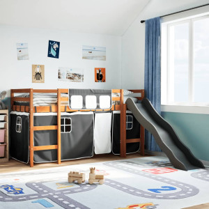 Cama alta infantil com cortinas em madeira de pinho preto e branco 80x200 cm D