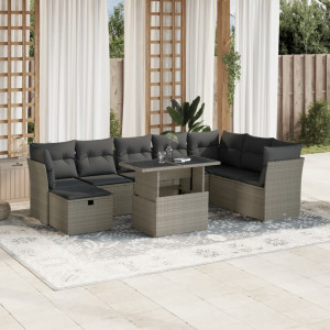 Set muebles jardín 9 pzas y cojines ratán sintético gris claro D