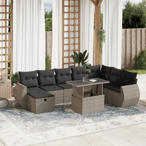 Set muebles jardín 9 pzas y cojines ratán sintético gris claro D