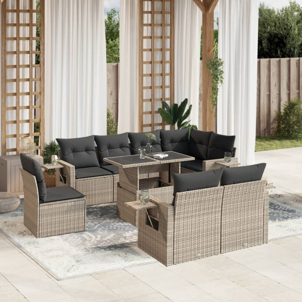 Set muebles jardín 9 pzas y cojines ratán sintético gris claro D