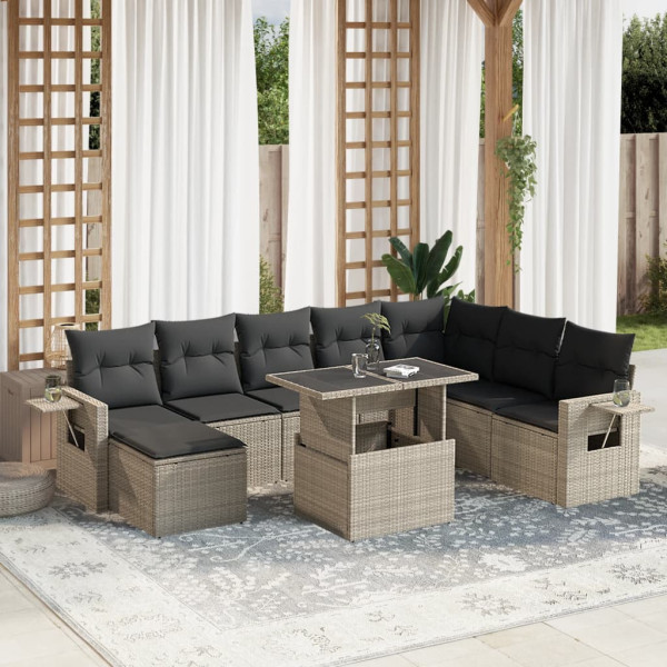 Set muebles jardín 9 pzas y cojines ratán sintético gris claro D