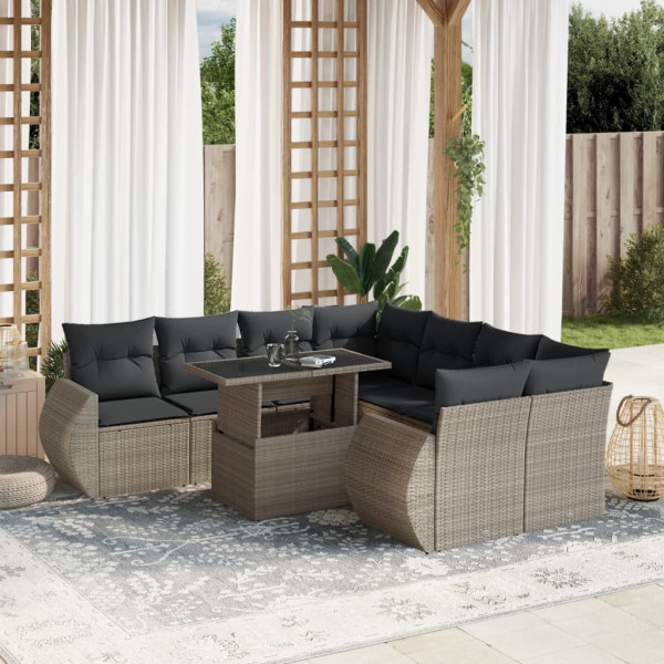 Set muebles jardín 9 pzas y cojines ratán sintético gris claro D