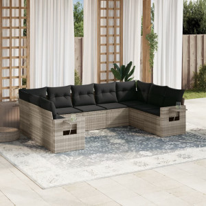 Set muebles jardín 9 pzas y cojines ratán sintético gris claro D