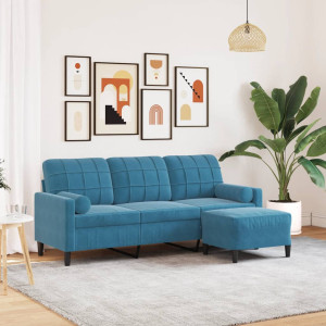 Sofá de 3 plazas con taburete de terciopelo azul 180 cm D