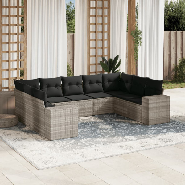 Set muebles jardín 9 pzas y cojines ratán sintético gris claro D