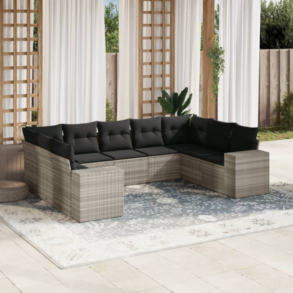 Set muebles jardín 9 pzas y cojines ratán sintético gris claro D