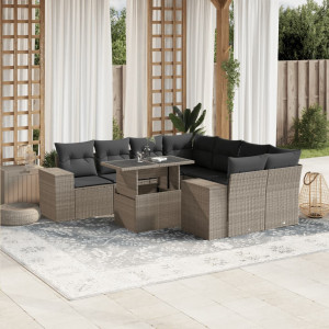 Set muebles jardín 9 pzas y cojines ratán sintético gris claro D