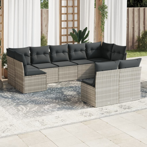 Set muebles jardín 9 pzas y cojines ratán sintético gris claro D