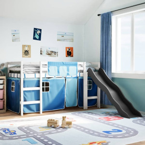 Cama alta para niños con cortinas madera pino azul 90x200 cm D