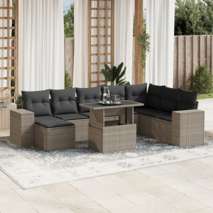 Set muebles jardín 9 pzas y cojines ratán sintético gris claro D