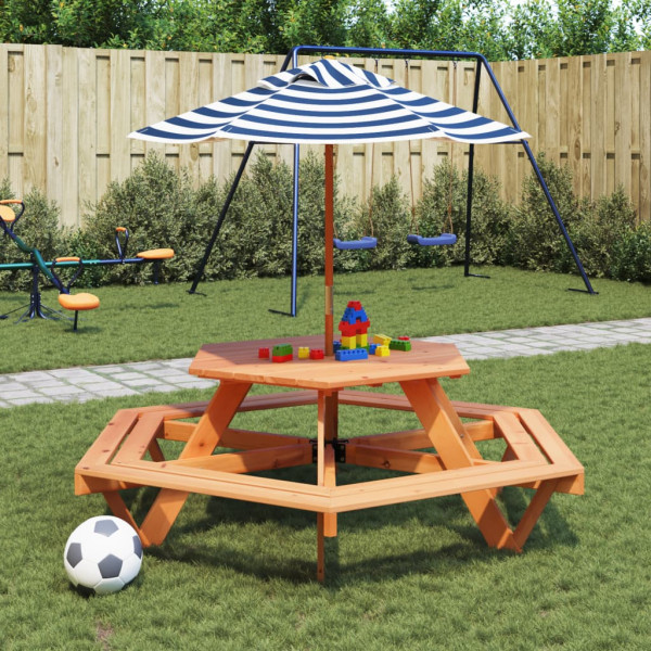 Mesa de picnic hexagonal 6 niños agujero sombrilla madera abeto D