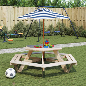 Mesa de picnic hexagonal 6 niños agujero sombrilla madera abeto D