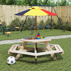 Mesa de picnic hexagonal 6 niños agujero sombrilla madera abeto D