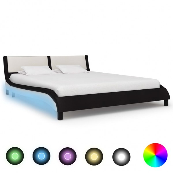 Estructura de cama con LED cuero PE blanco y negro 160x200 cm D