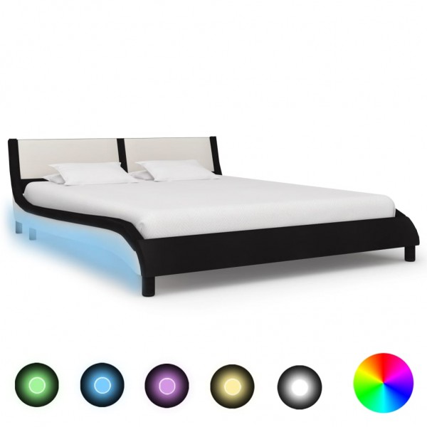 Estructura de cama con LED cuero PE negro y blanco 180x200 cm D