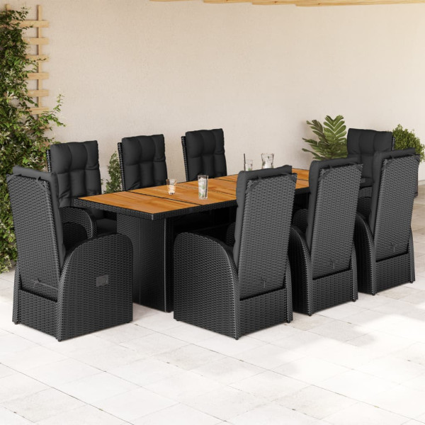 Set de comedor de jardín 9 pzas y cojines ratán sintético negro D