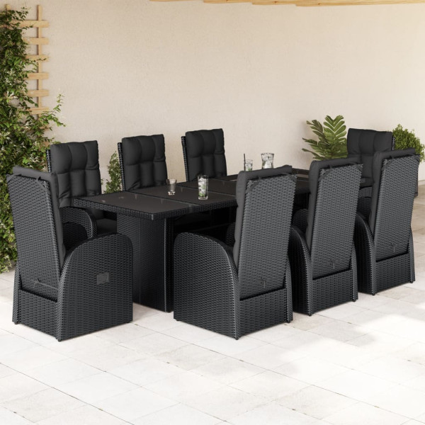 Set de comedor de jardín 9 pzas y cojines ratán sintético negro D