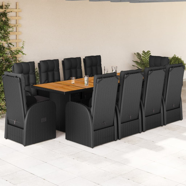 Set de comedor jardín 11 pzas con cojines ratán sintético negro D