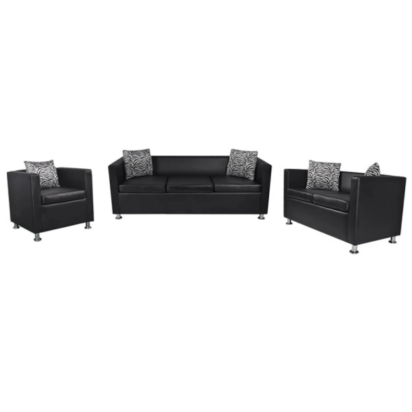 Conjunto de sofás de 2 y 3 plazas y sillón de cuero artificial negro D