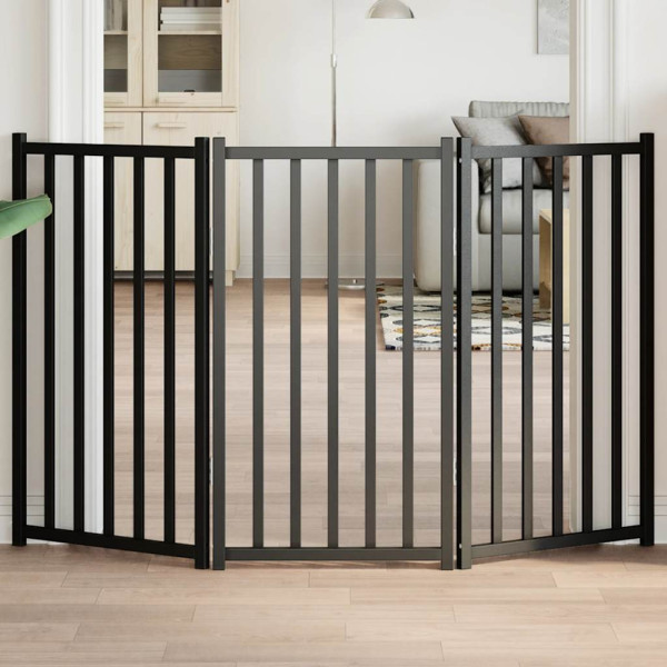 Puerta de perros plegable 3 paneles madera abeto negro 150 cm D