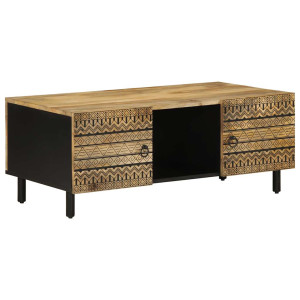 Mesa de centro madera maciza de mango rugosa negro 100x54x40 cm D