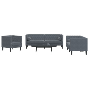 Set sofás Chesterfield con cojines 3 pzs terciopelo gris oscuro D