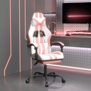 Silla gaming giratoria y reposapiés cuero sintético blanco rosa D