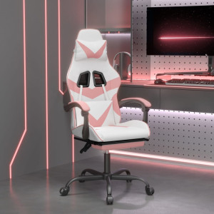 Silla gaming giratoria y reposapiés cuero sintético blanco rosa D