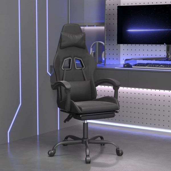 Silla gaming giratoria y reposapiés cuero sintético negro D