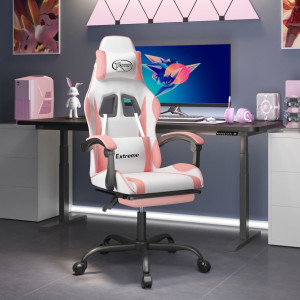 Silla gaming giratoria y reposapiés cuero sintético blanco rosa D