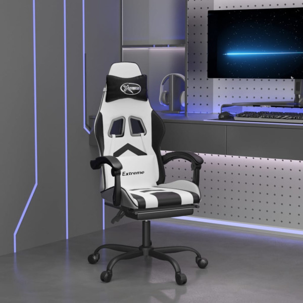 Silla gaming con reposapiés cuero sintético blanco negro D