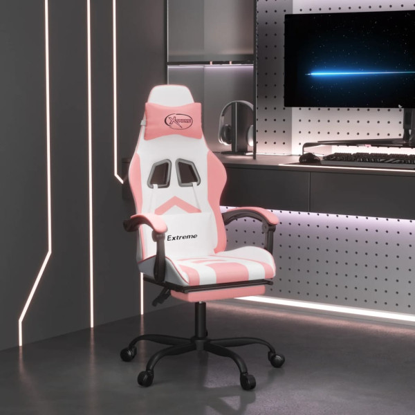 Silla gaming giratoria y reposapiés cuero sintético blanco rosa D