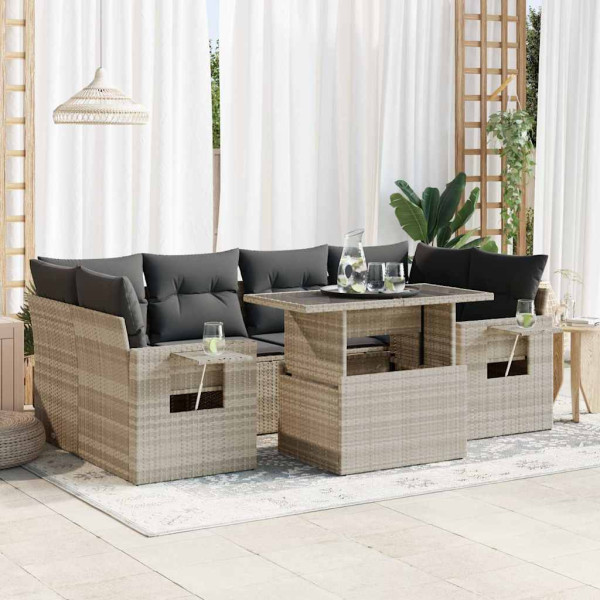 Set de sofás de jardín 7 pzas con cojines ratán PE gris claro D