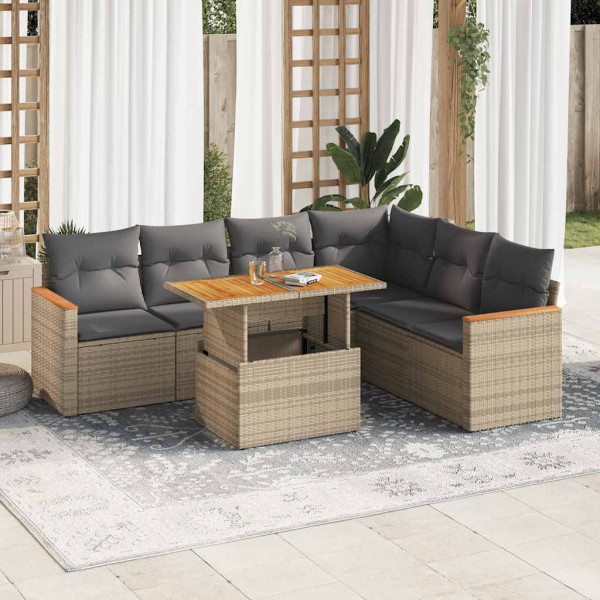 Definir sofás de jardim e almofadas 7 pcs sintético acacia bege rattan D