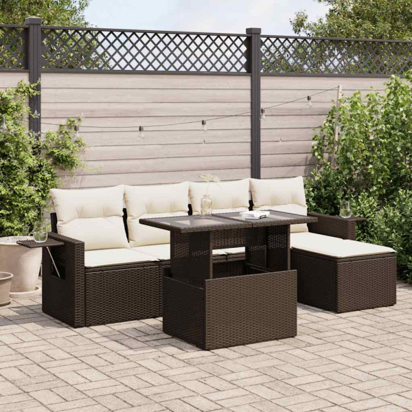 Set sofás de jardín 6 piezas y cojines ratán sintético marrón D