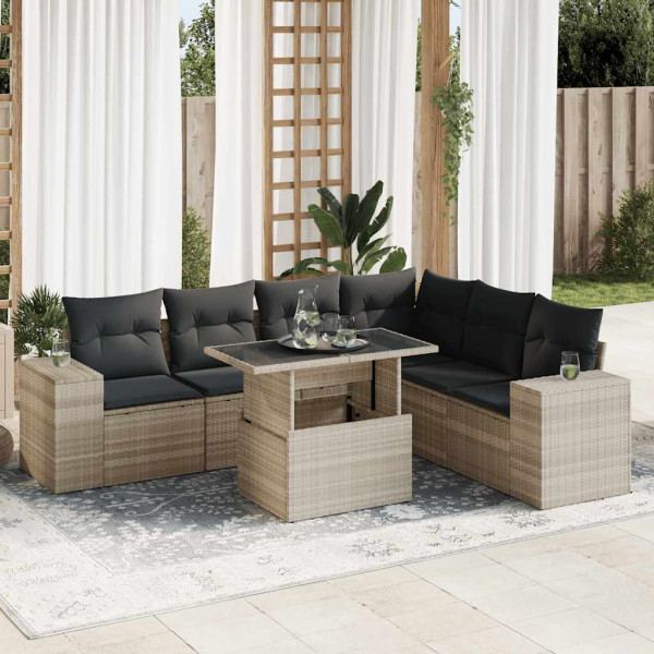 Set de sofás de jardín 7 pzas con cojines ratán PE gris claro Set de sofás de jardín 7 pzas con cojines ratán PE gris claro D