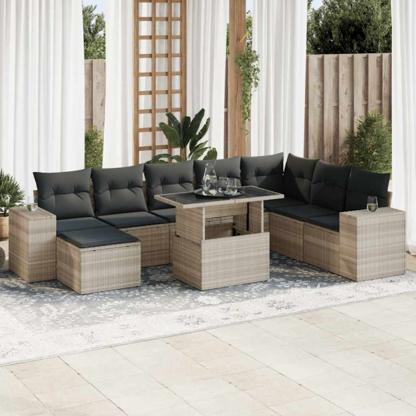 Set muebles jardín 9 pzas y cojines ratán sintético gris claro Set muebles jardín 9 pzas y cojines ratán sintético gris claro D