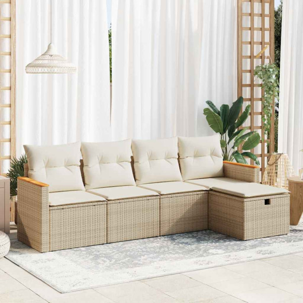 Sofá de jardim com almofadas 5 pcs bege sintético rattan D