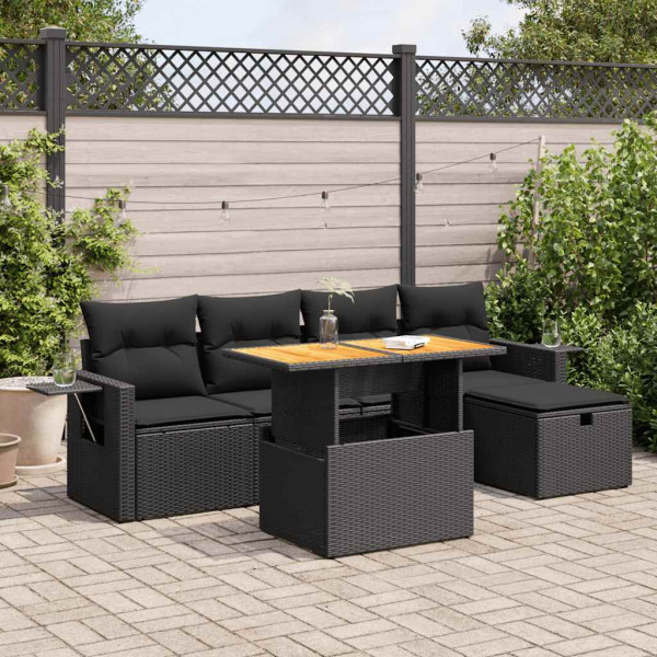 Set sofás jardín y cojines 6 pzas ratán sintético acacia negro Set sofás jardín y cojines 6 pzas ratán sintético acacia negro D