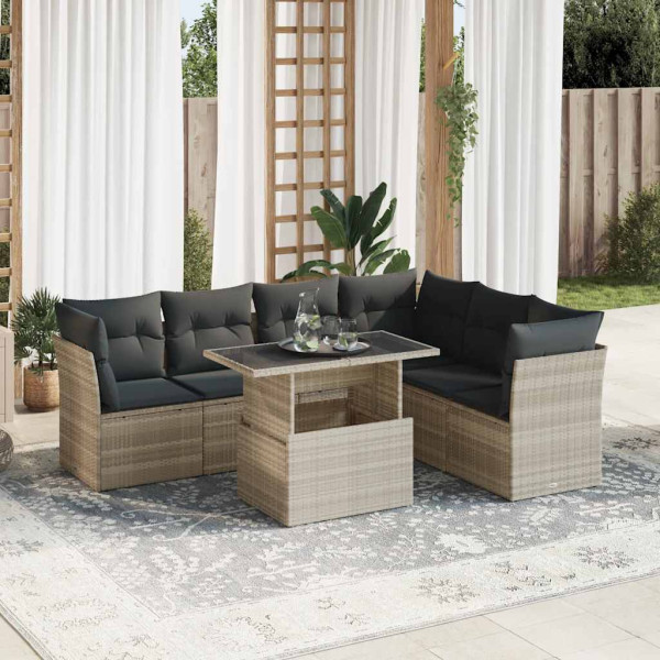 Set de sofás de jardín 7 pzas con cojines ratán PE gris claro D