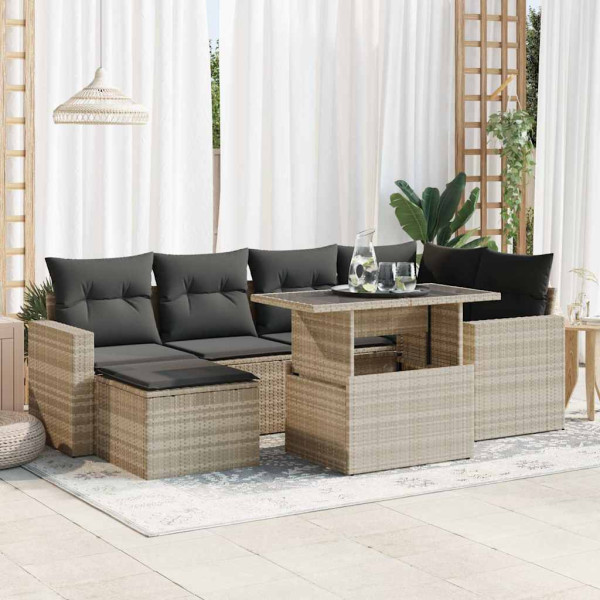 Set de sofás de jardín 7 pzas con cojines ratán PE gris claro D
