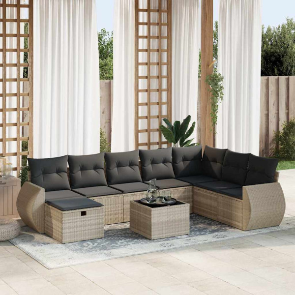 Set muebles jardín 9 pzas y cojines ratán sintético gris claro D