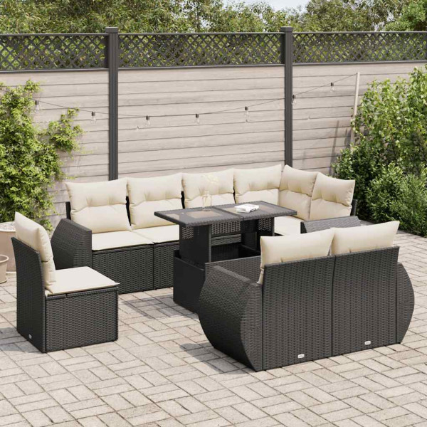 Sofá de jardim com almofadas 9 pcs preto sintético rattan D