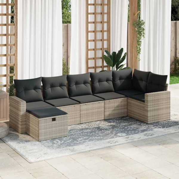Set de sofás de jardín 7 pzas con cojines ratán PE gris claro Set de sofás de jardín 7 pzas con cojines ratán PE gris claro D